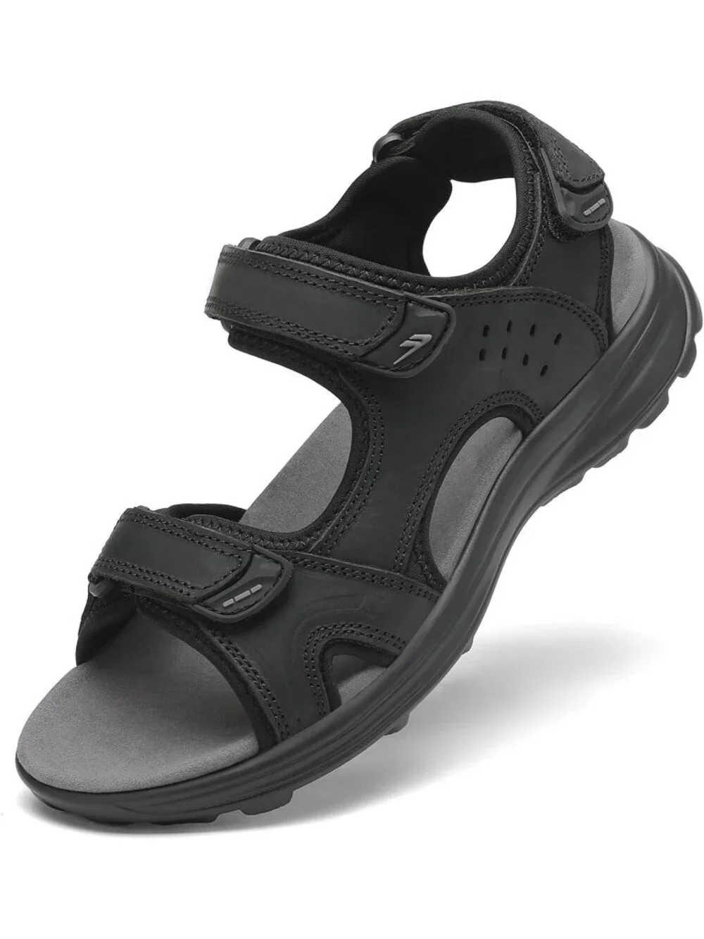 Men's All Black Adjustable Open Toe Leather Athletic Sport Hiking Sandal Shoes